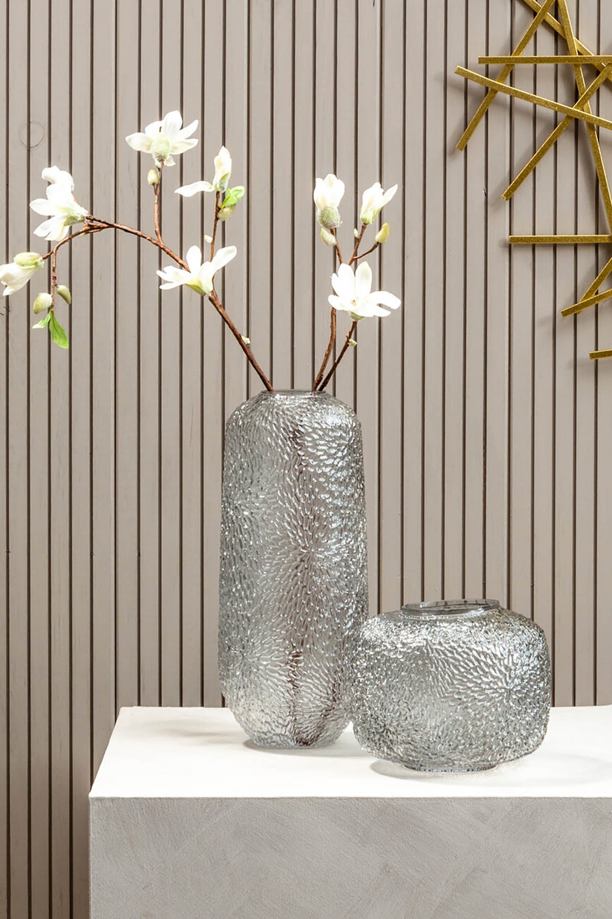 Colbie Large Embossed Grey Glass Vase