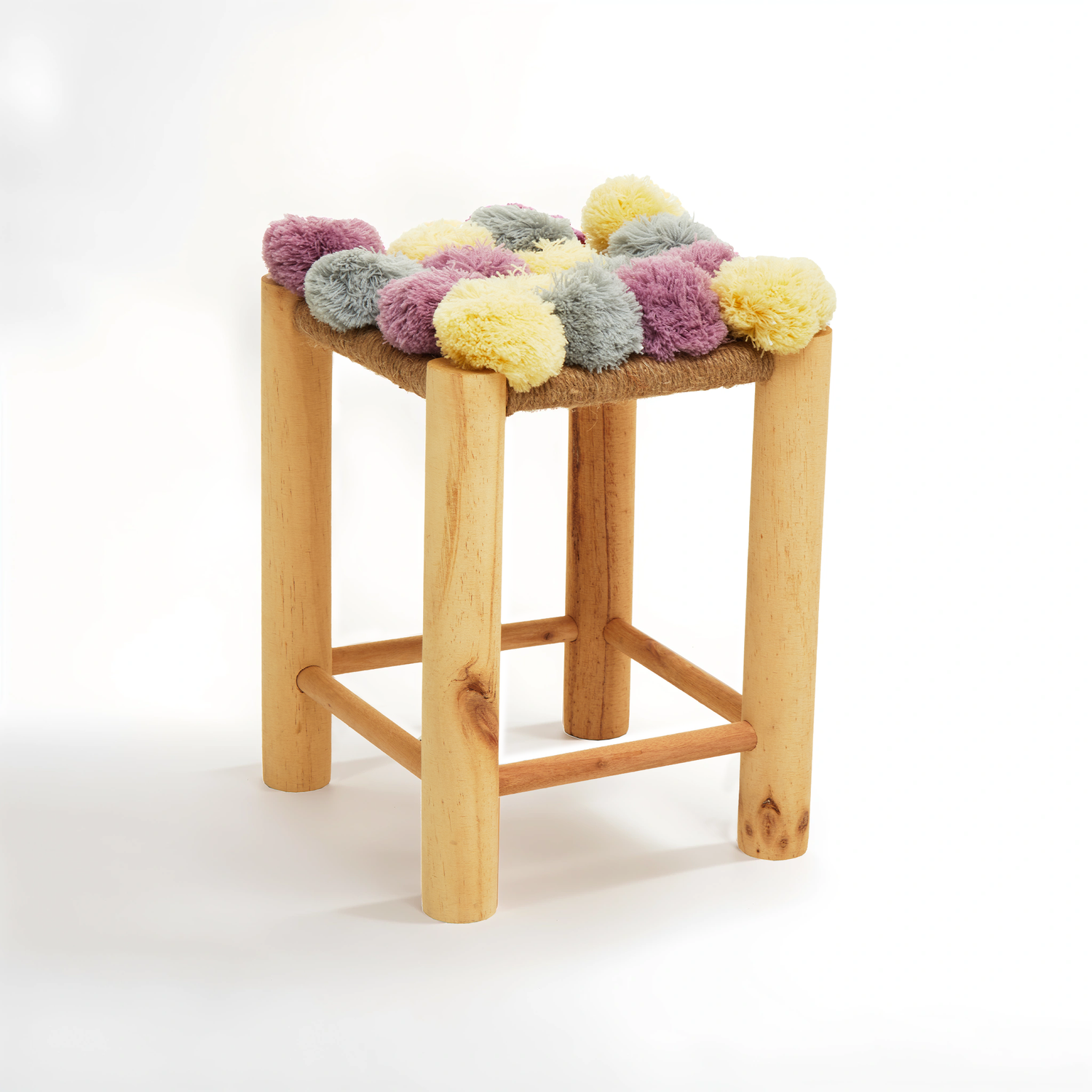 West Village Grey Beige And Pink Pom Pom Stool