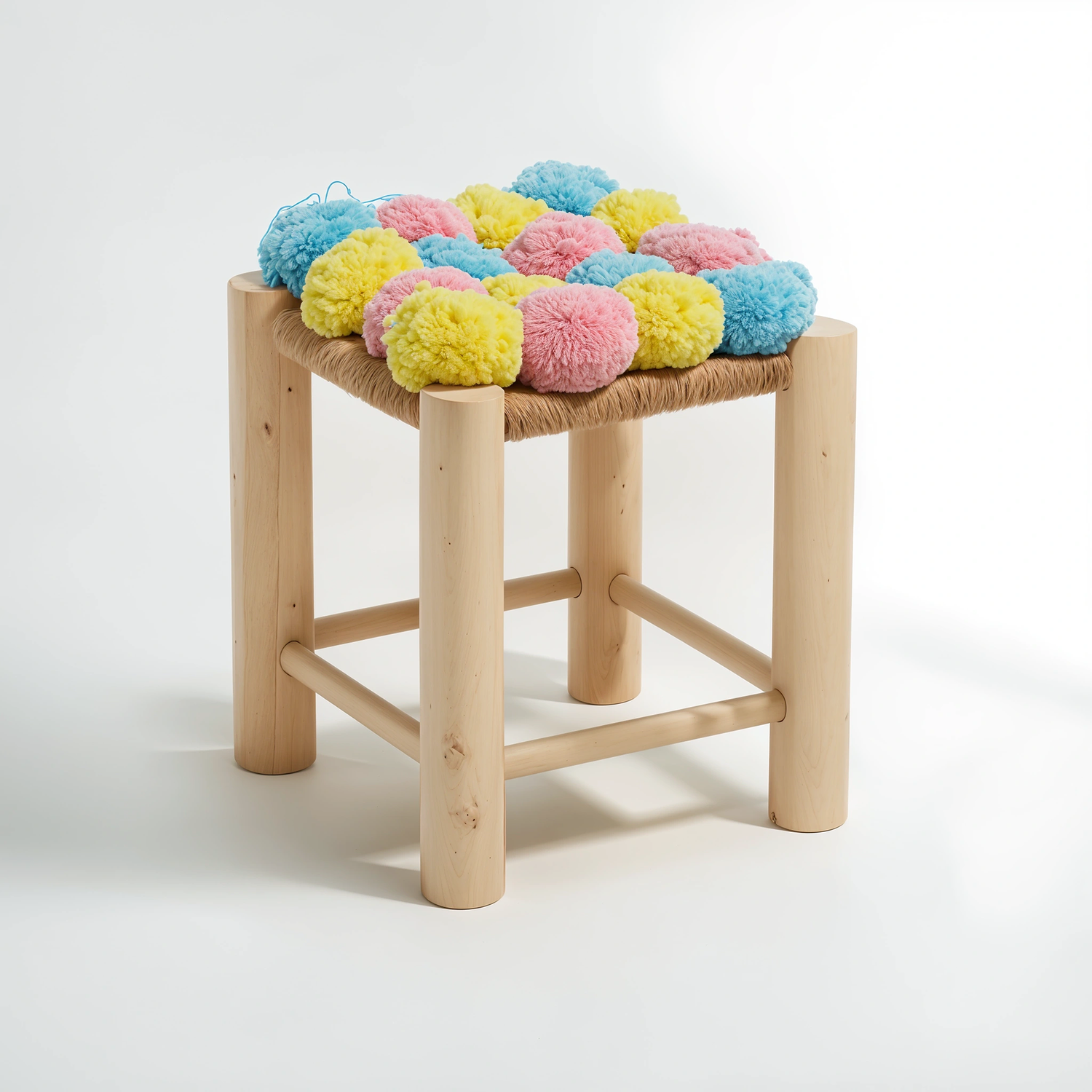 West Village Pink Blue And Yellow Pom Pom Stool