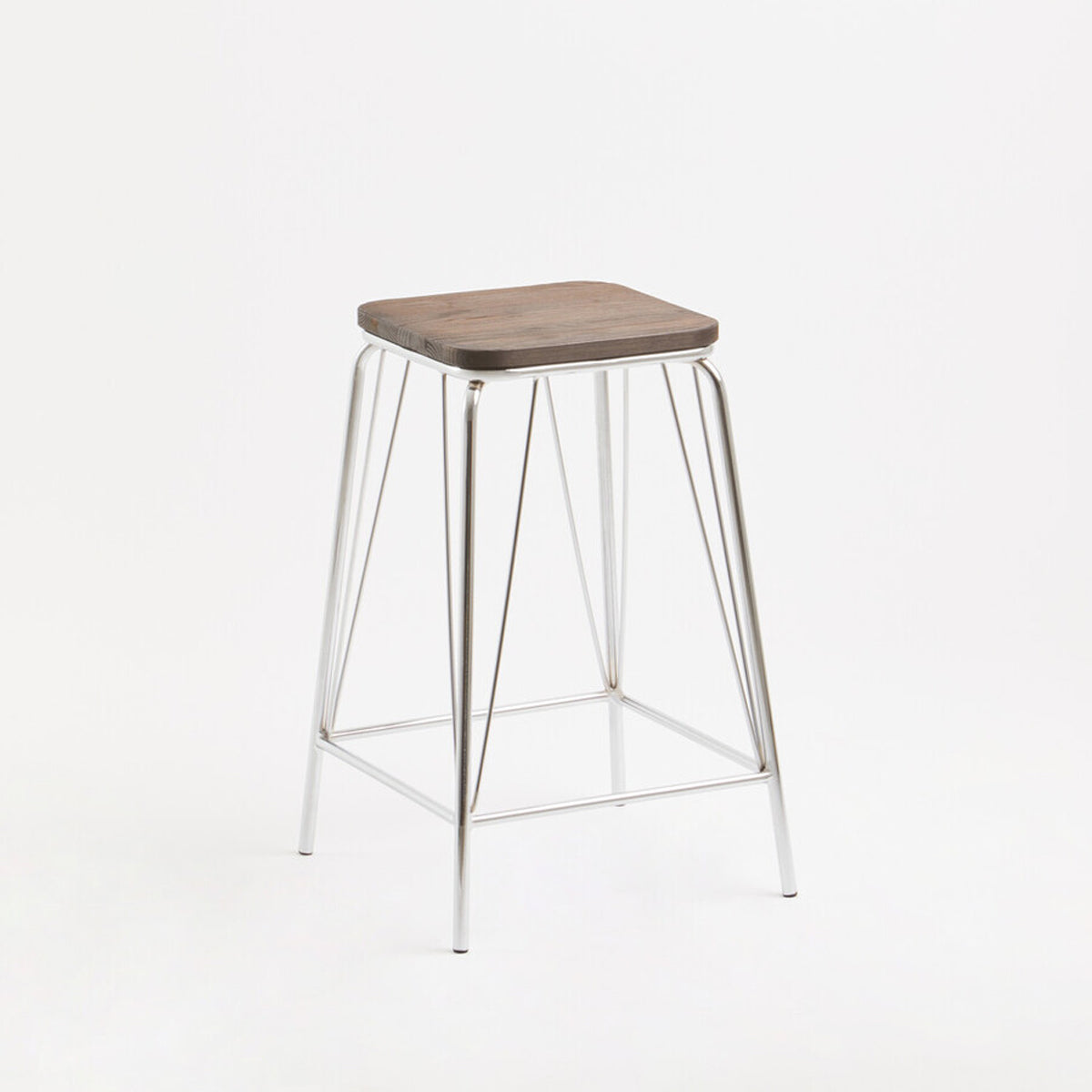 District Chrome Metal Frame And Elm Wood Seat Stool